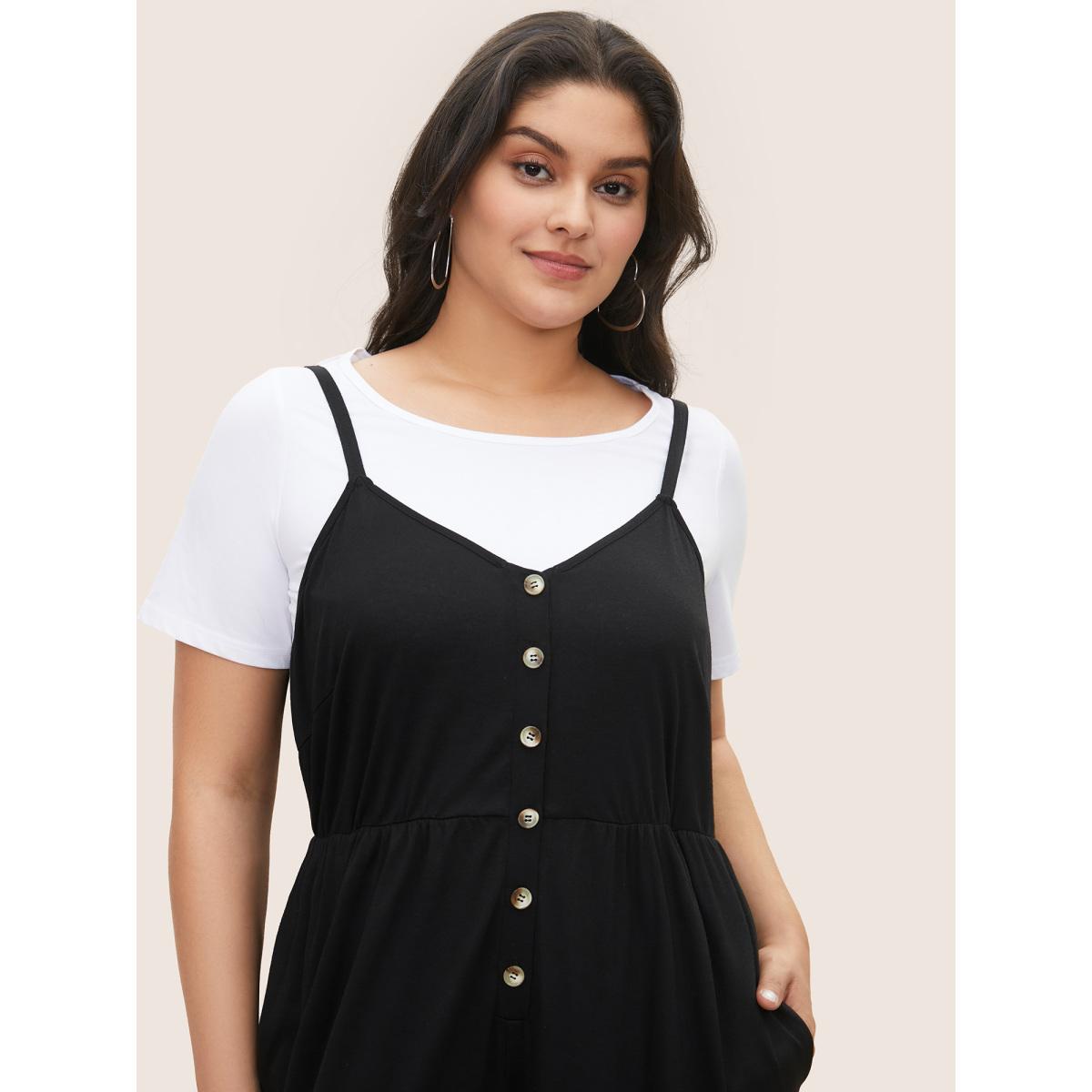 Plus Size Black Solid Button Detail Gathered Jumpsuit Women Casual Sleeveless Non Everyday Loose Jumpsuits BloomChic 30/6X Product Image