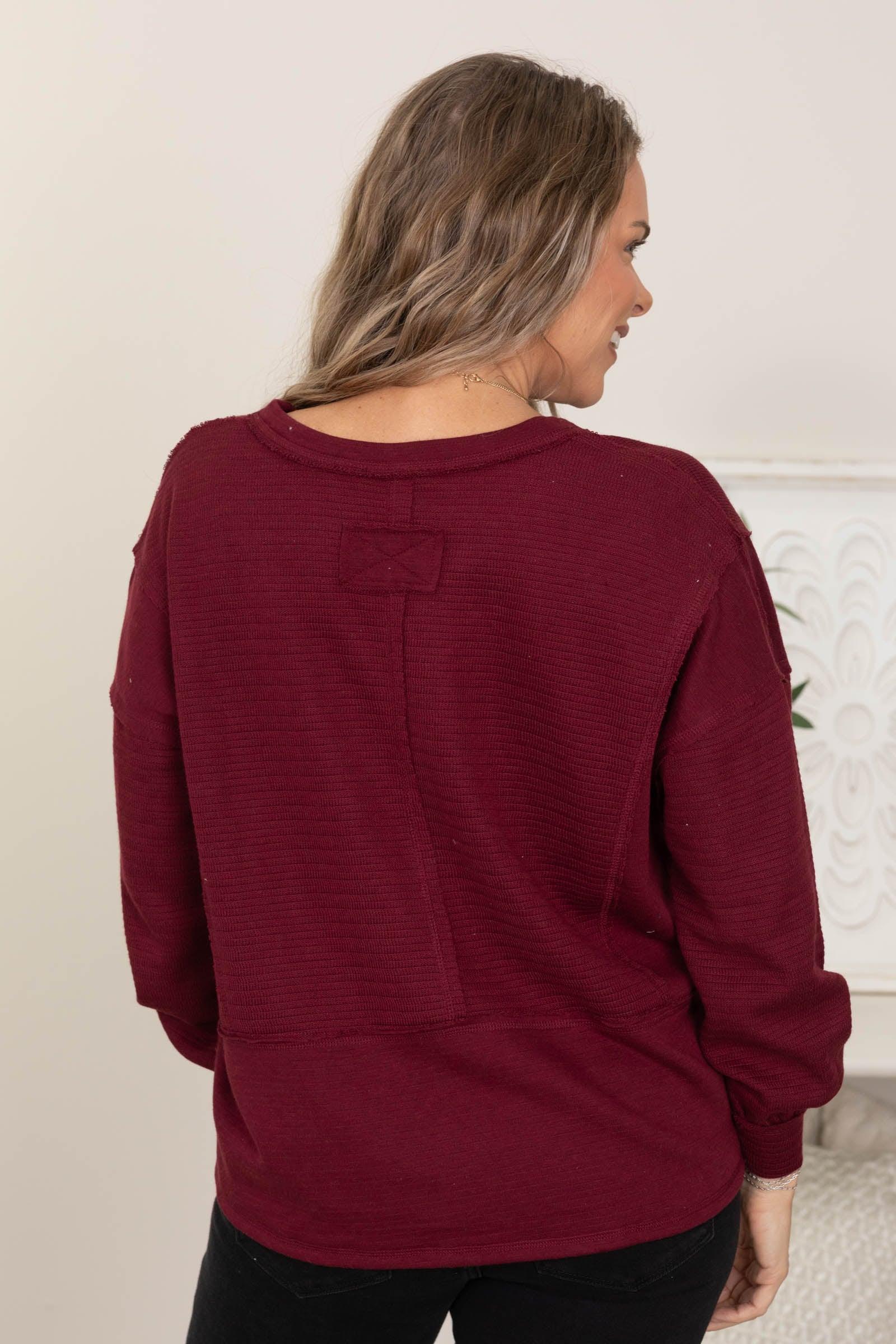 Split Neck Solid Patchwork Knit Tops Product Image