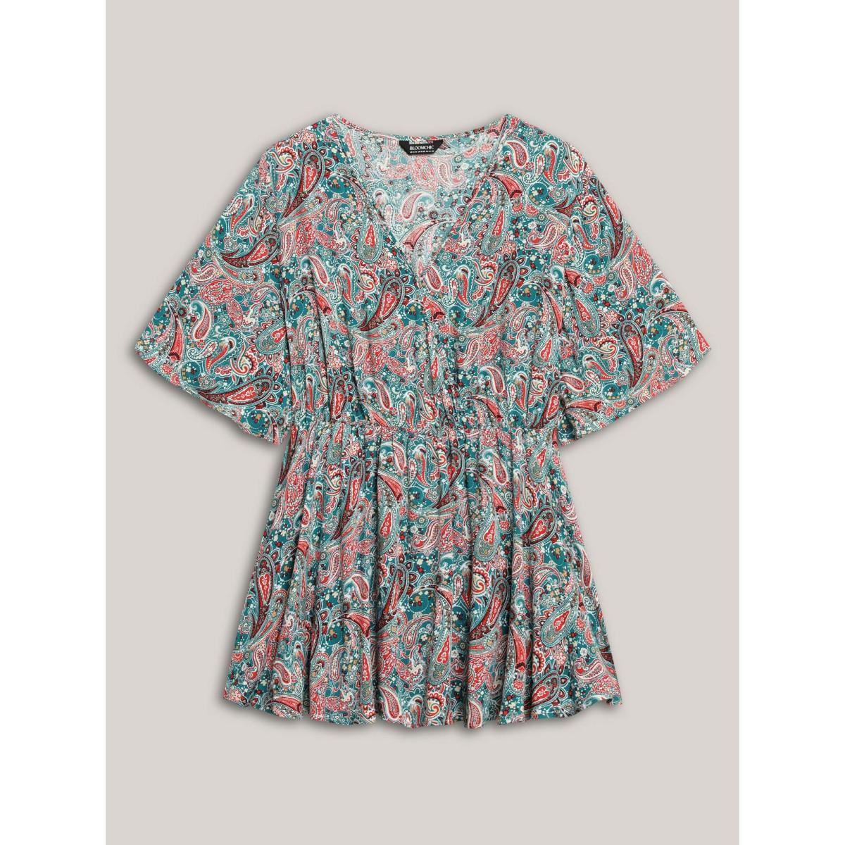 Plus Size DarkGreen Paisley Print V-Neck Flared Sleeve Blouse Women Boho Half Sleeve V-neck Vacation Blouses BloomChic 12/L Product Image