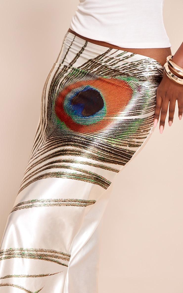 Cream Feather Print Stretch Satin Maxi Skirt Product Image
