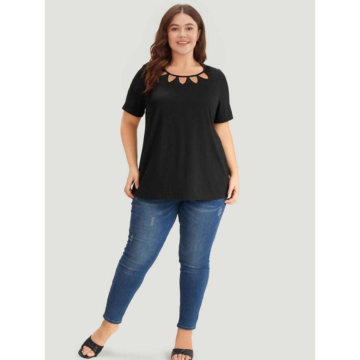 Plus Size Supersoft Essentials Solid Crew Neck Cut Out T-shirt Black Women Casual Cut-Out Plain Round Neck Dailywear T-shirts BloomChic 26/4X Product Image