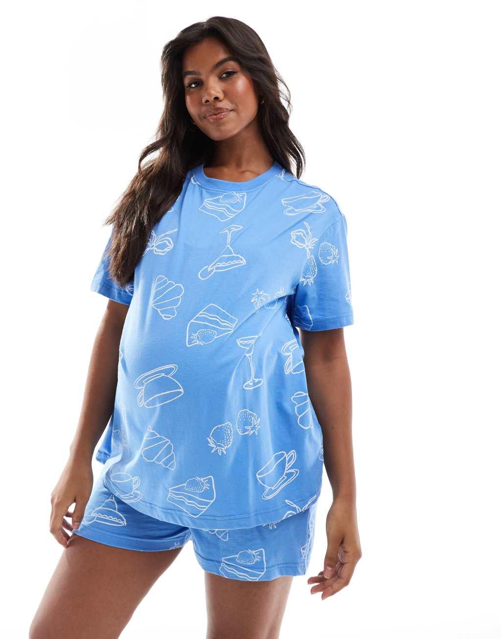 ASOS DESIGN Maternity brunch oversized tee & shorts pajama set in blue Product Image
