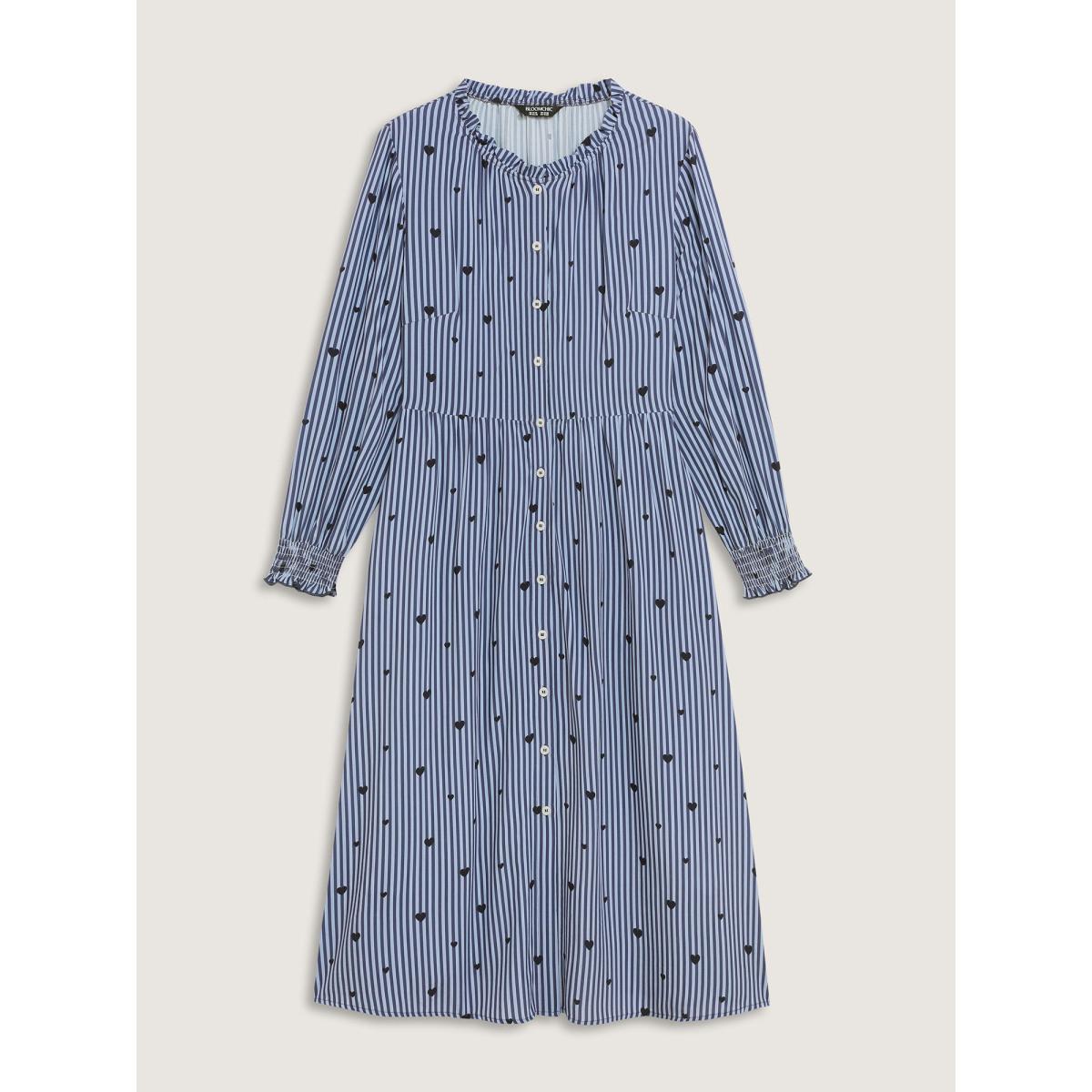 Plus Size Stripe Hearts Pocket Shirt Maxi Dress Indigo Women Leisure Shirt collar Long Sleeve Curvy BloomChic 18-20/2X Product Image