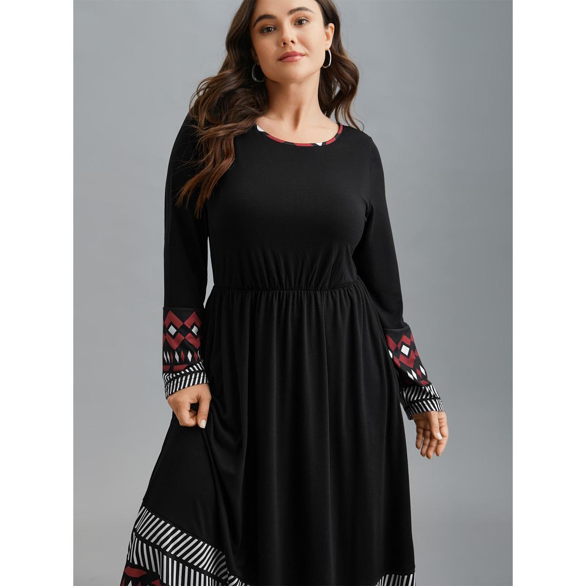 Plus Size Crew Neck Geometric Print Patchwork Dress BlackFlower Women Casual Non Knit Dresses Bloomchic 28/5X Product Image