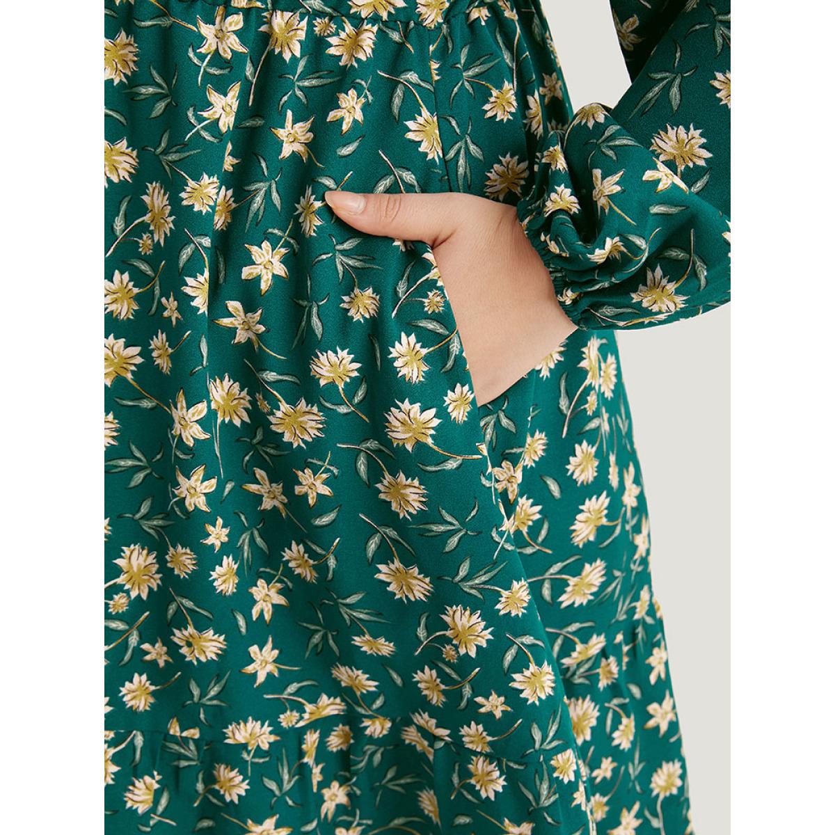 Plus Size Floral Print Surplice Neck Elastic Cuffs Dress Teal Women Elegant Elastic cuffs V-neck Long Sleeve Curvy Midi Dress BloomChic 18-20/2X Product Image