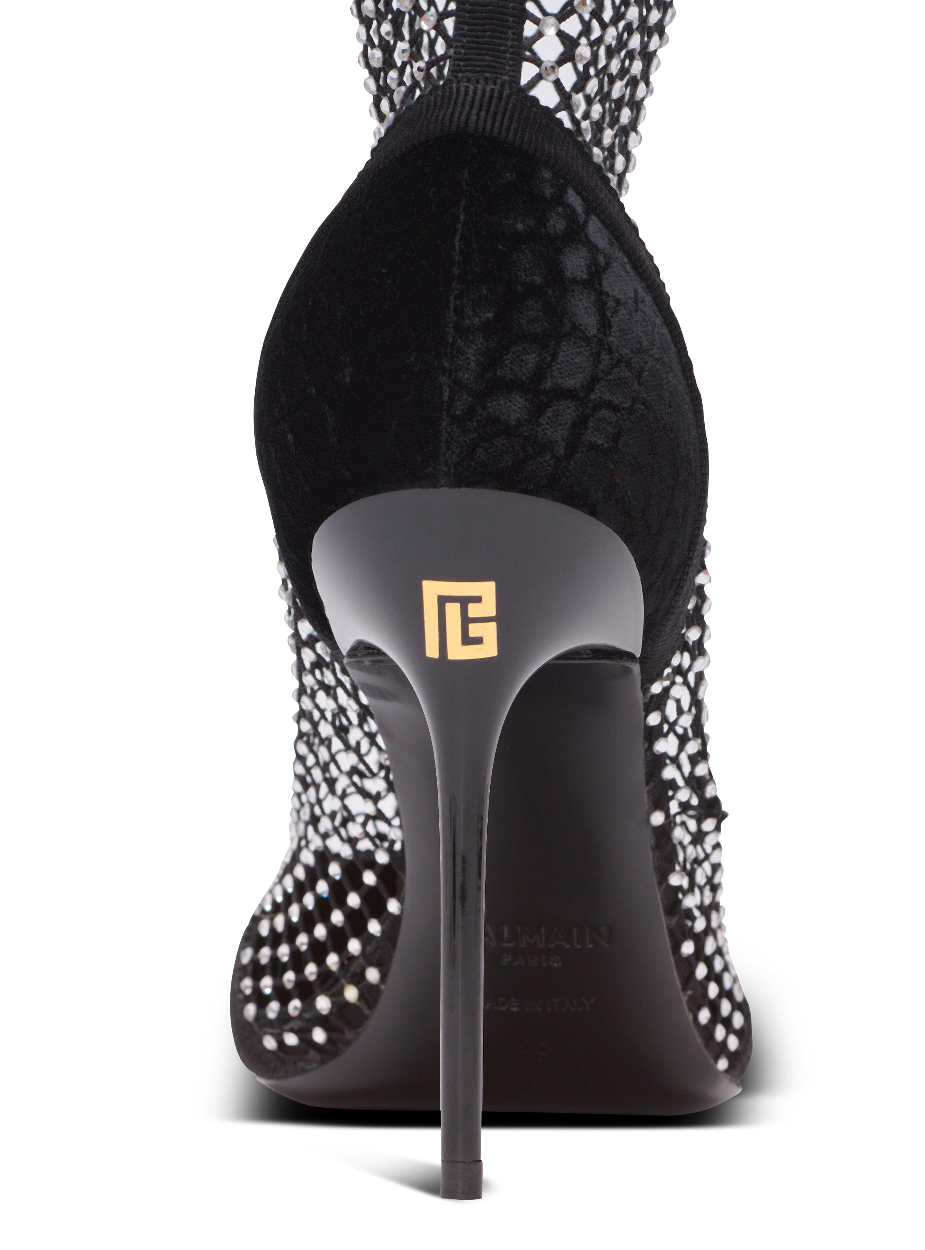 Mesh heeled ankle boots with velvet and rhinestones Product Image