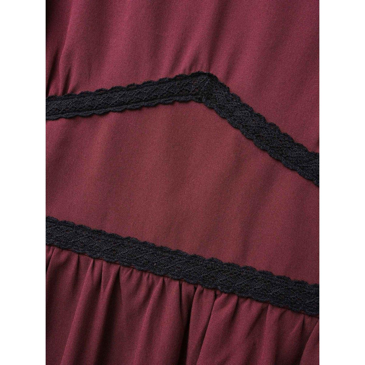 Plus Size Heart Neckline Woven Ribbon Midi Dress Burgundy Women Elegant Woven ribbon&lace trim Heart neckline Elbow-length sleeve Curvy BloomChic 22-24/3X Product Image