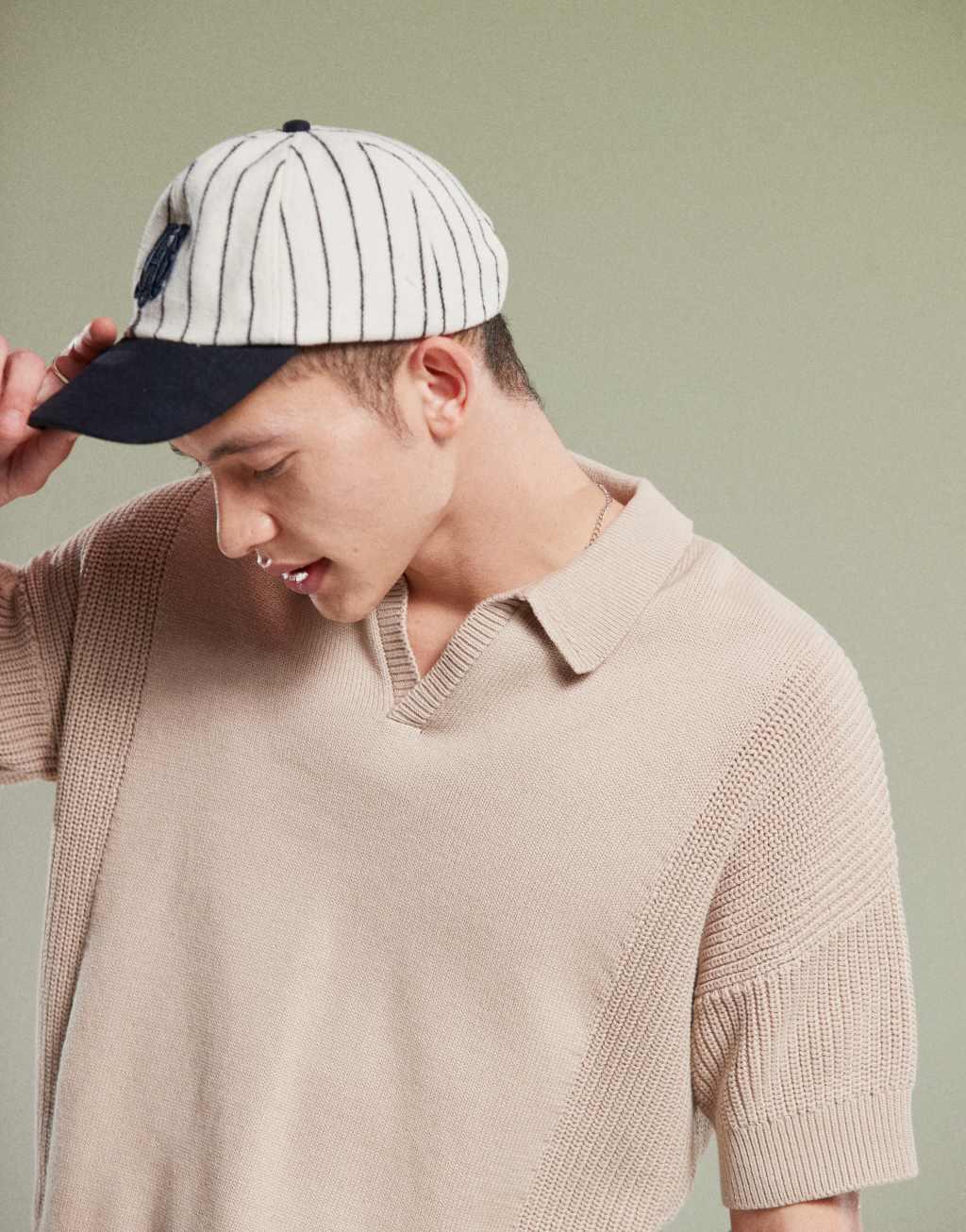 ASOS DESIGN relaxed boxy fit knit notch neck polo in stone Product Image