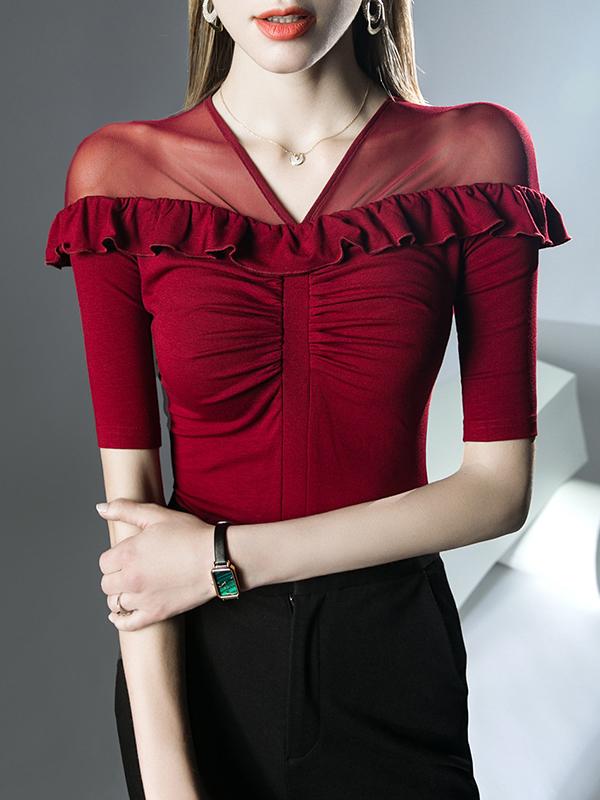 Half Sleeves Skinny Pleated Ruffle Trim Solid Color Split-Joint V-Neck T-Shirts Tops Product Image
