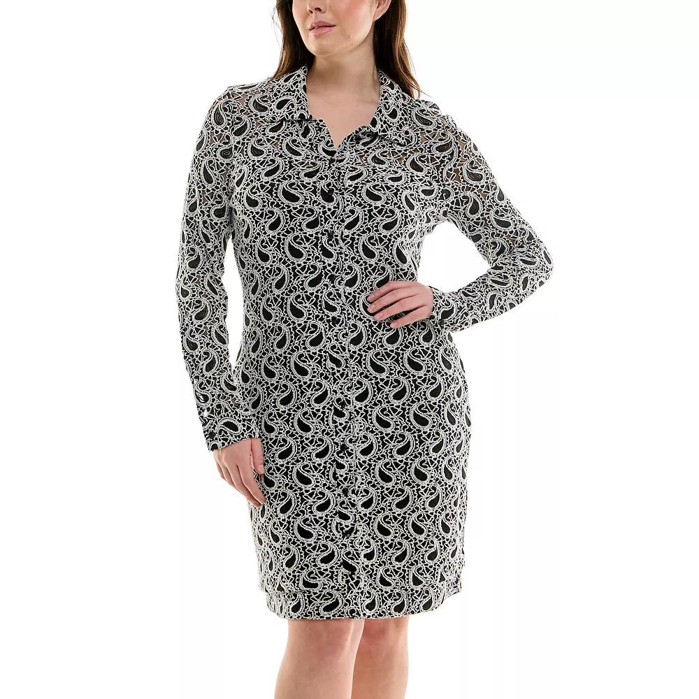 Women's Nicole Miller Slit Cuff Paisley Knit Shirtdress, Size: 12, Ivory Black Product Image
