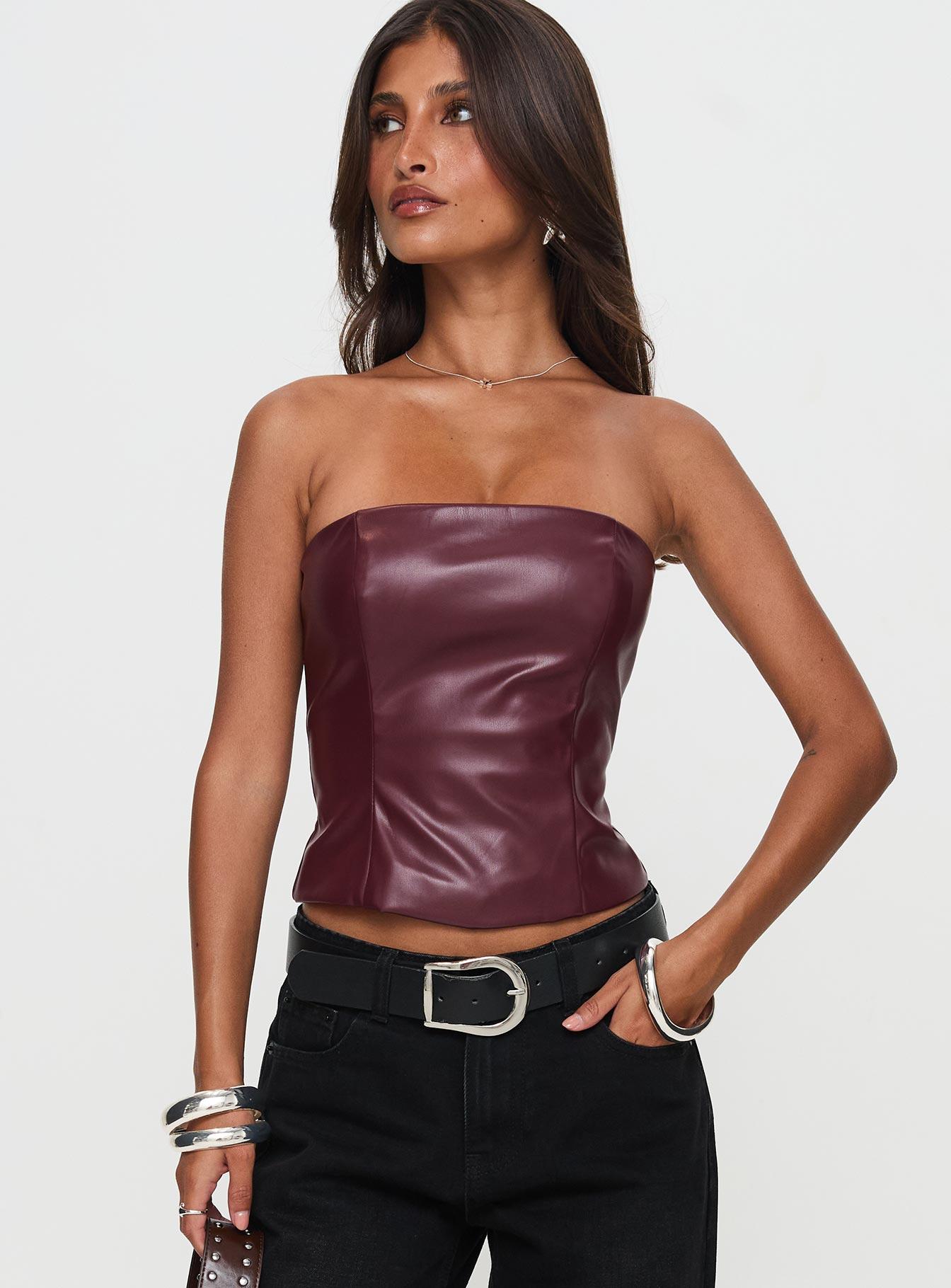 Oaklee Strapless Faux Leather Top Burgundy Product Image