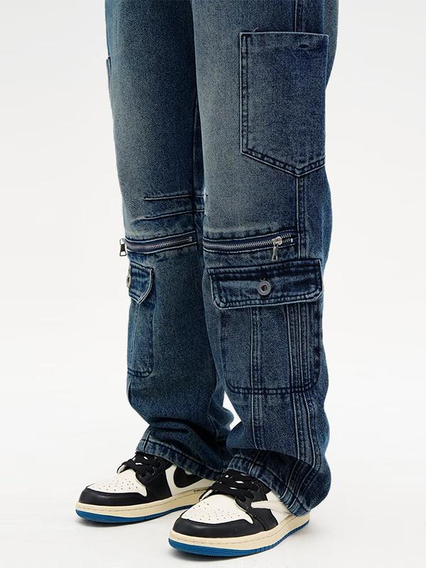 Men's Multi Pocket Splice Zip Up Loose Jeans Product Image