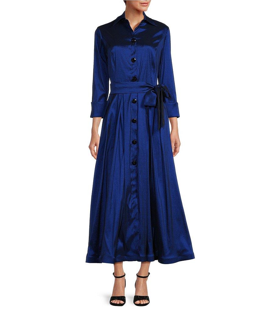 Marina 3/4 Sleeve Point Collar Neck Tie Waist Taffeta Midi A-Line Dress Product Image