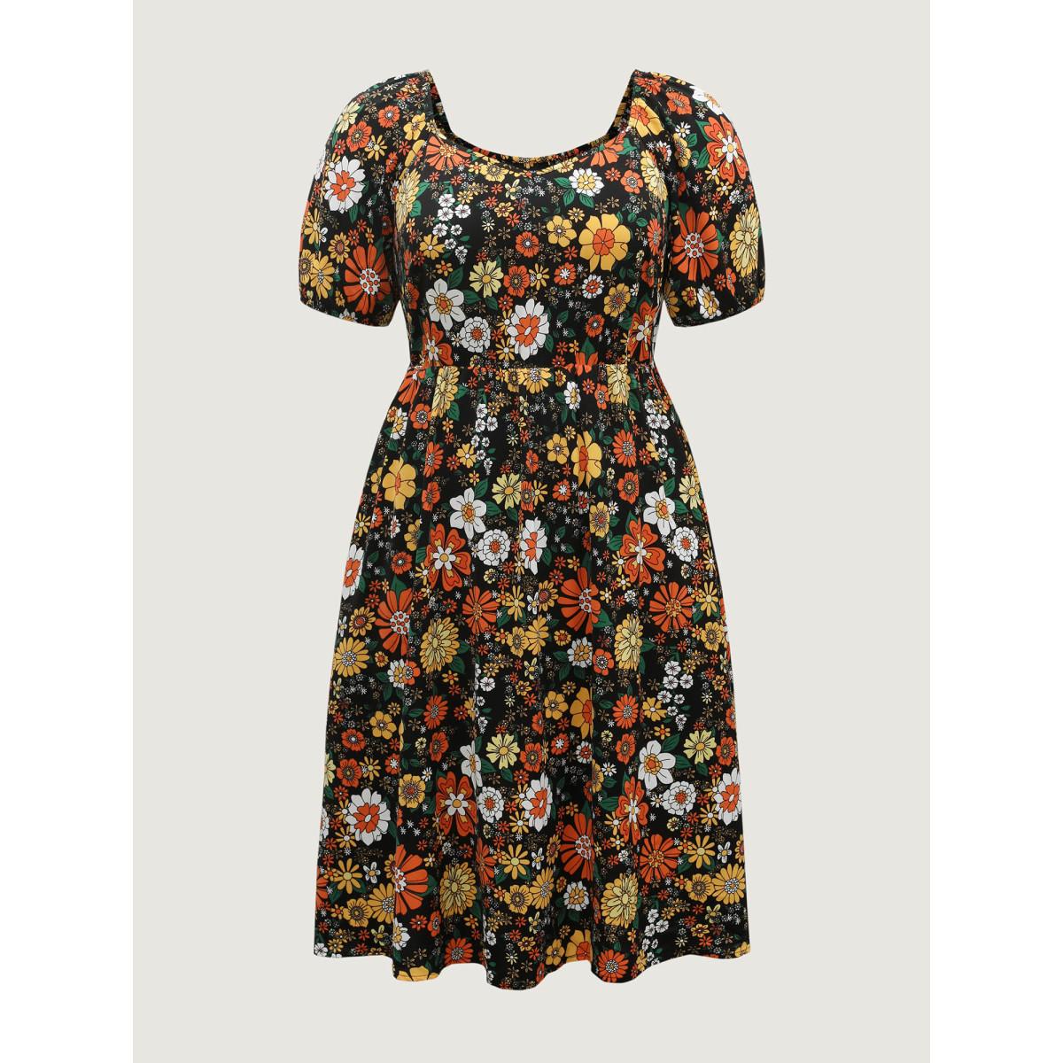Plus Size Bright Floral Print Sweetheart Neckline Midi Dress Black Women Romantic Non V-neck Half Sleeve Curvy BloomChic 12/L Product Image