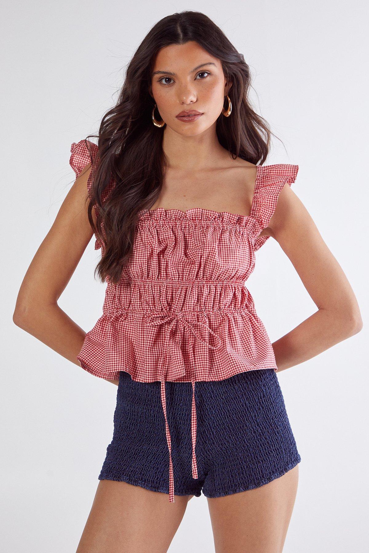 Gingham Ruched Tie Front Top Product Image