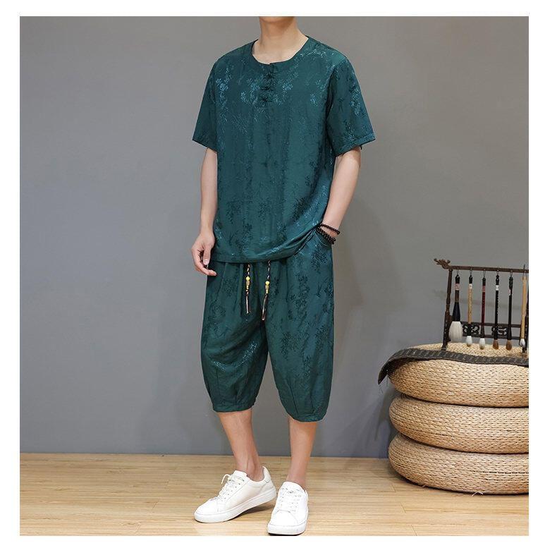 Set: Short Sleeve Round Neck Frog Closure Jacquard Top + Drawstring Waist Capri Tapered Pants Product Image