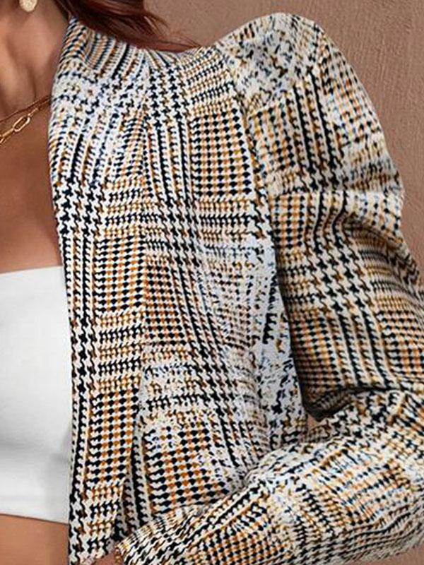 Loose Puff Sleeves Plaid Pleated Split-Joint Lapel Blazer Suits Product Image