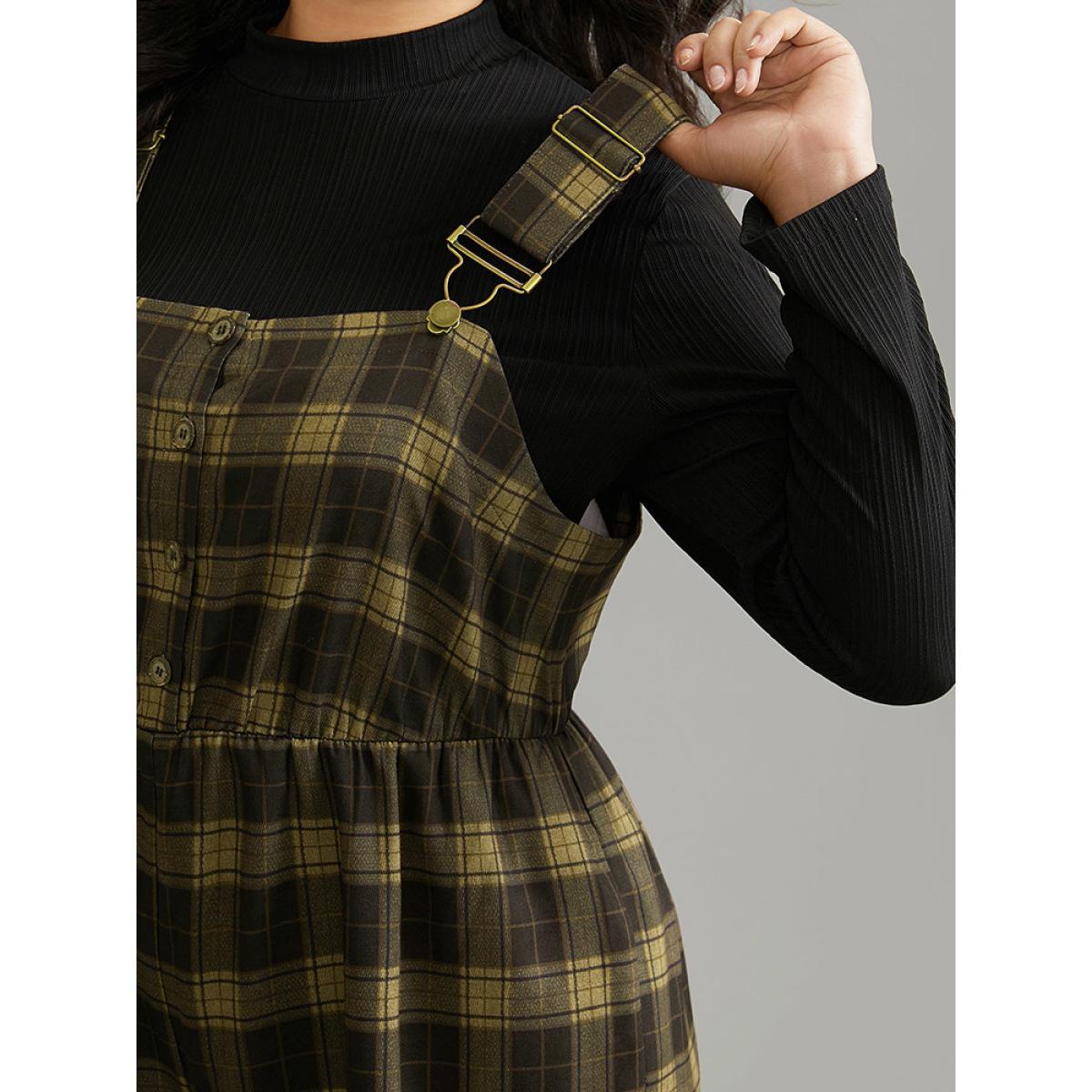 Plus Size DarkBrown Plaid Adjustable Straps Pocket Elastic Waist Jumpsuit Women Office Sleeveless Spaghetti Strap Work Loose Jumpsuits BloomChic 30/6X Product Image