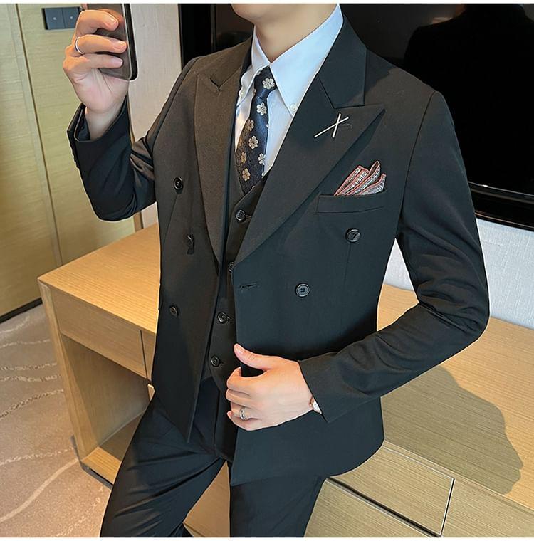 Set: Peak Lapel Plain Double-Breasted Blazer + V-Neck Single-Breasted Vest + High Waist Straight Leg Dress Pants Product Image