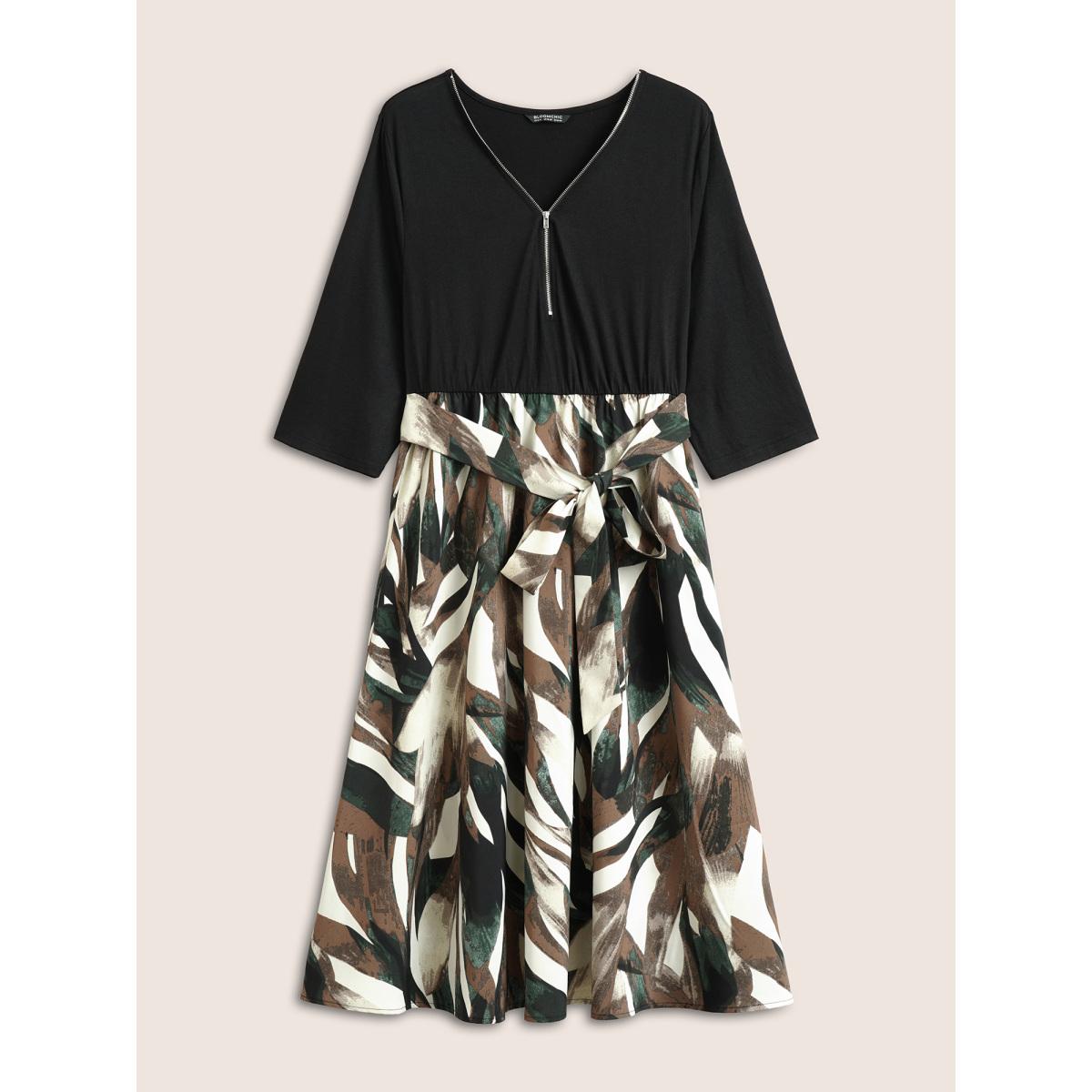 Plus Size Colorblock Contrast Half Zip Belted Dress Black Women At the Office Non V-neck Elbow-length sleeve Curvy Midi Dress BloomChic 22-24/3X Product Image