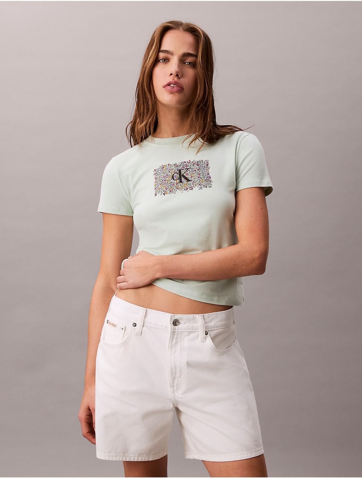 Calvin Klein Womens Slim Floral Monogram Logo Tee - Green Product Image