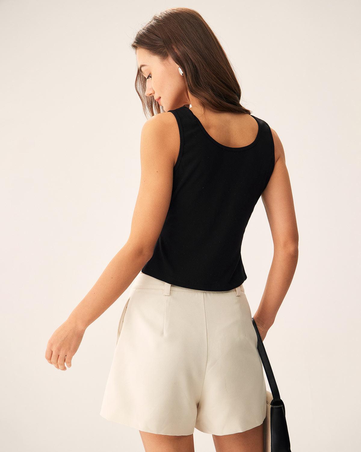 Black U-Neck Button Knit Tank Top Product Image