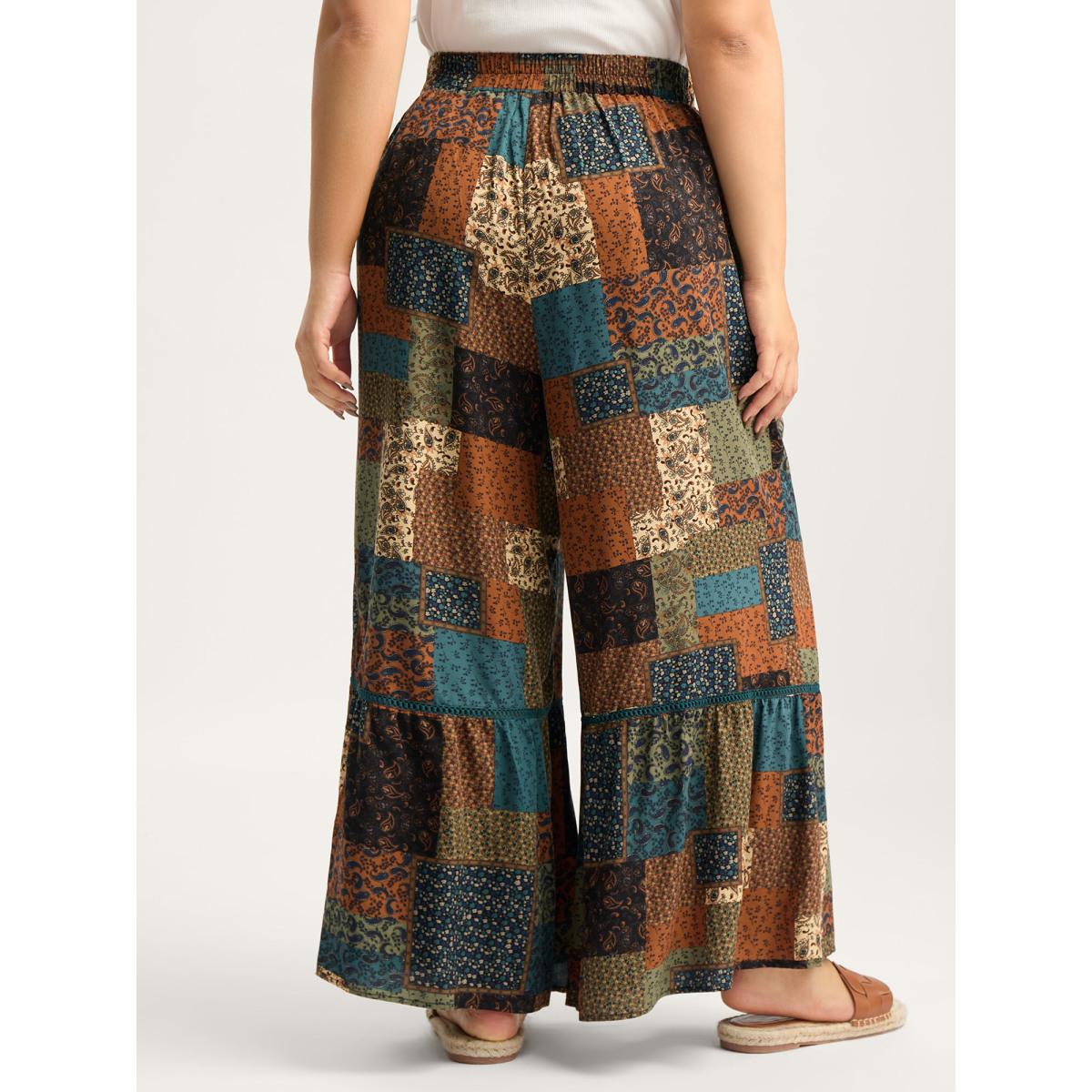 Plus Size Floral Collage Lace Spliced Wide-Leg Pants Women Multicolor Boho Wide Leg Mid Rise Vacation Pants BloomChic 22-24/3X Product Image