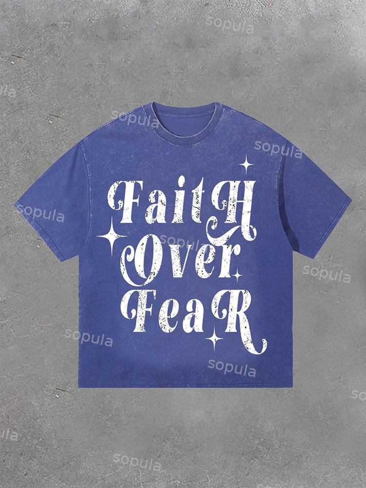 Sopula Faith Over Fear Print Casual Acid Washed T-Shirt Product Image