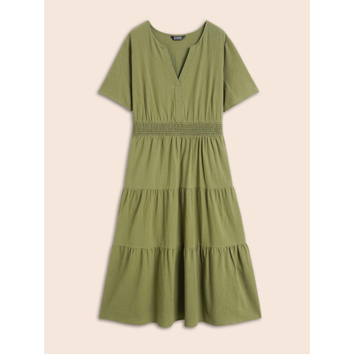 Plus Size Notched Shirred Ruffle Layered Hem Dress Olive Women Elegant Shirred Flat collar with V-notch Short sleeve Curvy BloomChic 28/5X Product Image