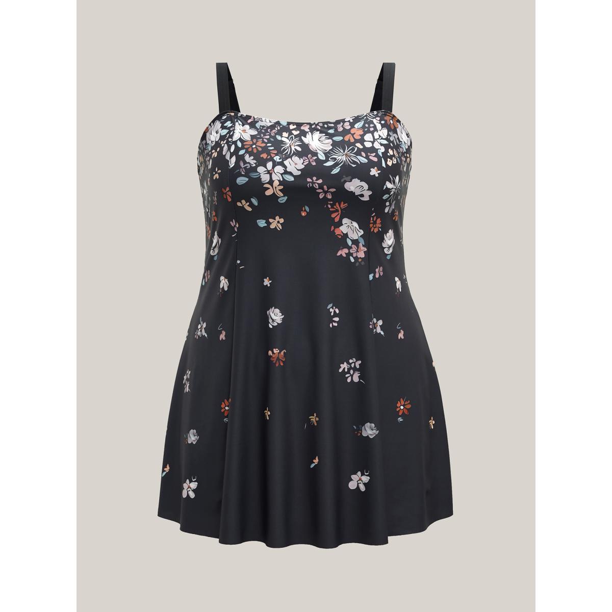 Plus Size Floral Print Non-Removable Cups Swim Dress Women's Swimwear Black Beach Bodycon Square Neck High stretch Curve Swim Dresses BloomChic 14-16/1X Product Image