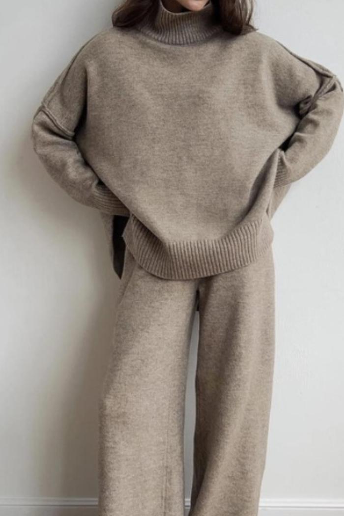 Slouchy Loose Knit Turtleneck Sweater Wide Leg Pant Set Product Image
