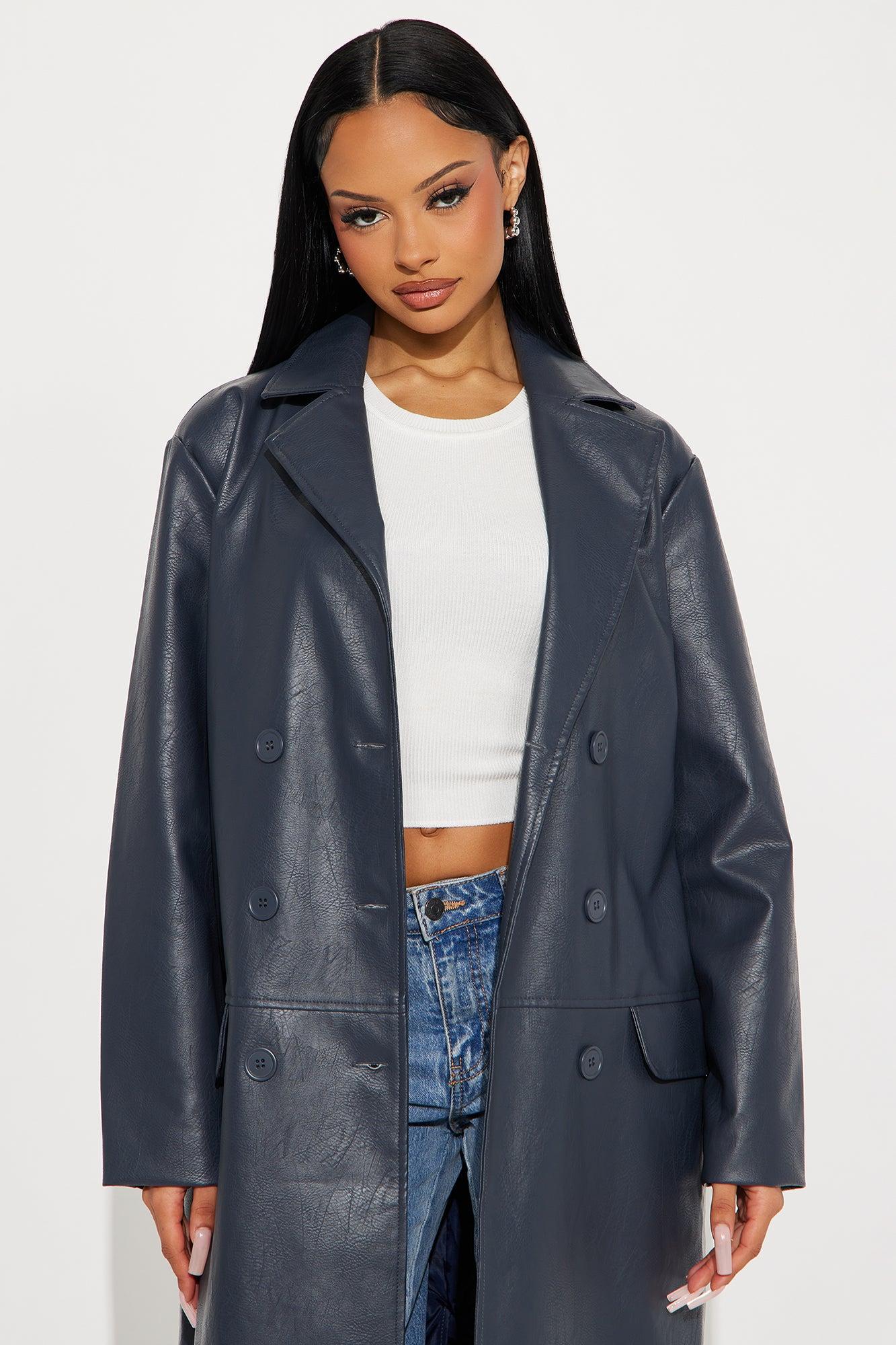 Drew Faux Leather Double Breasted Coat - Navy Female Product Image