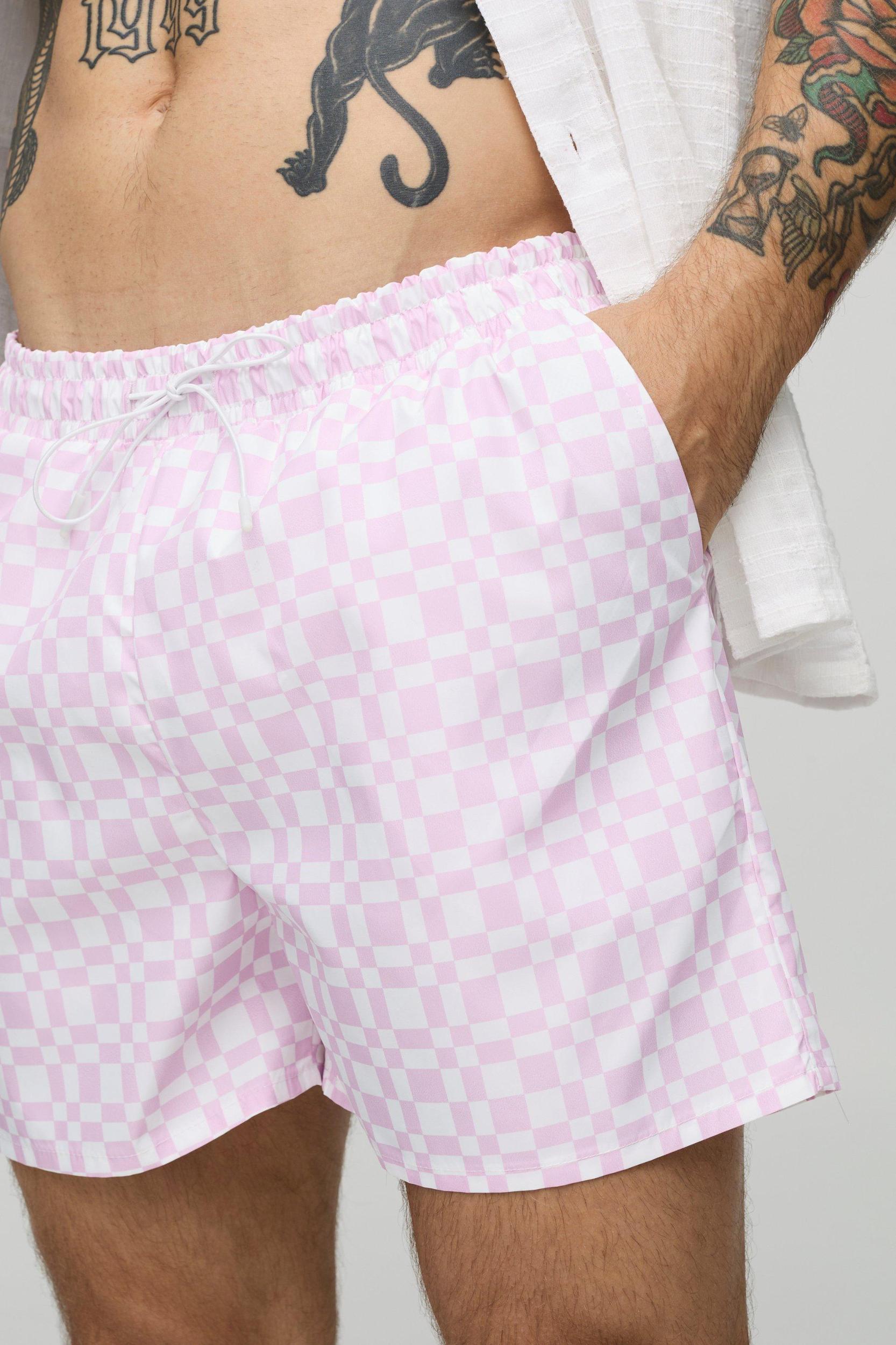 Abstract Plaid Print Short Length Swim Trunks | boohooMAN USA Product Image