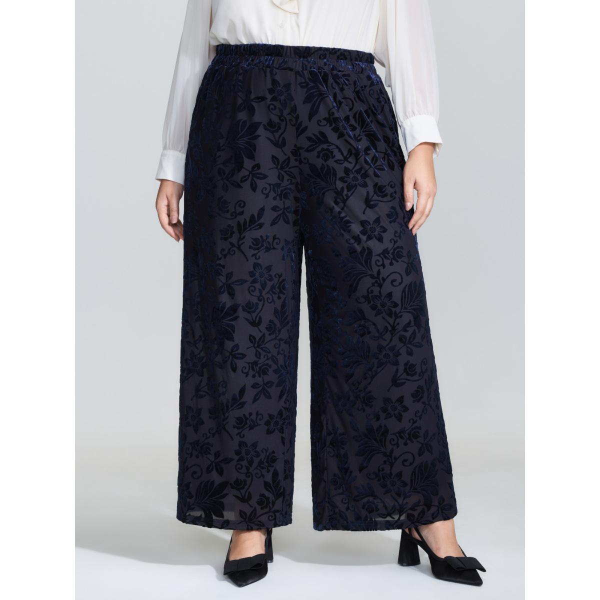 Plus Size Elastic Flocked Stretchy Waist Sheer Pants Women Indigo Timeless Loose Mid Rise Elegant Pants BloomChic 10/M Product Image