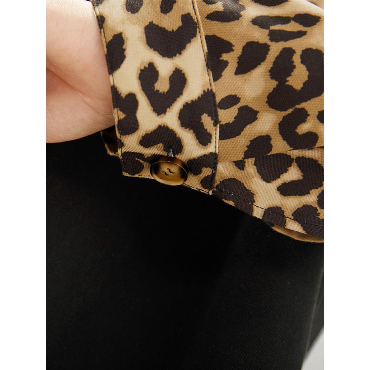 Plus Size Leopard Patchwork Contrast Button Up Coat Women Black Contrast Pocket Dailywear Jackets BloomChic 22-24/3X Product Image