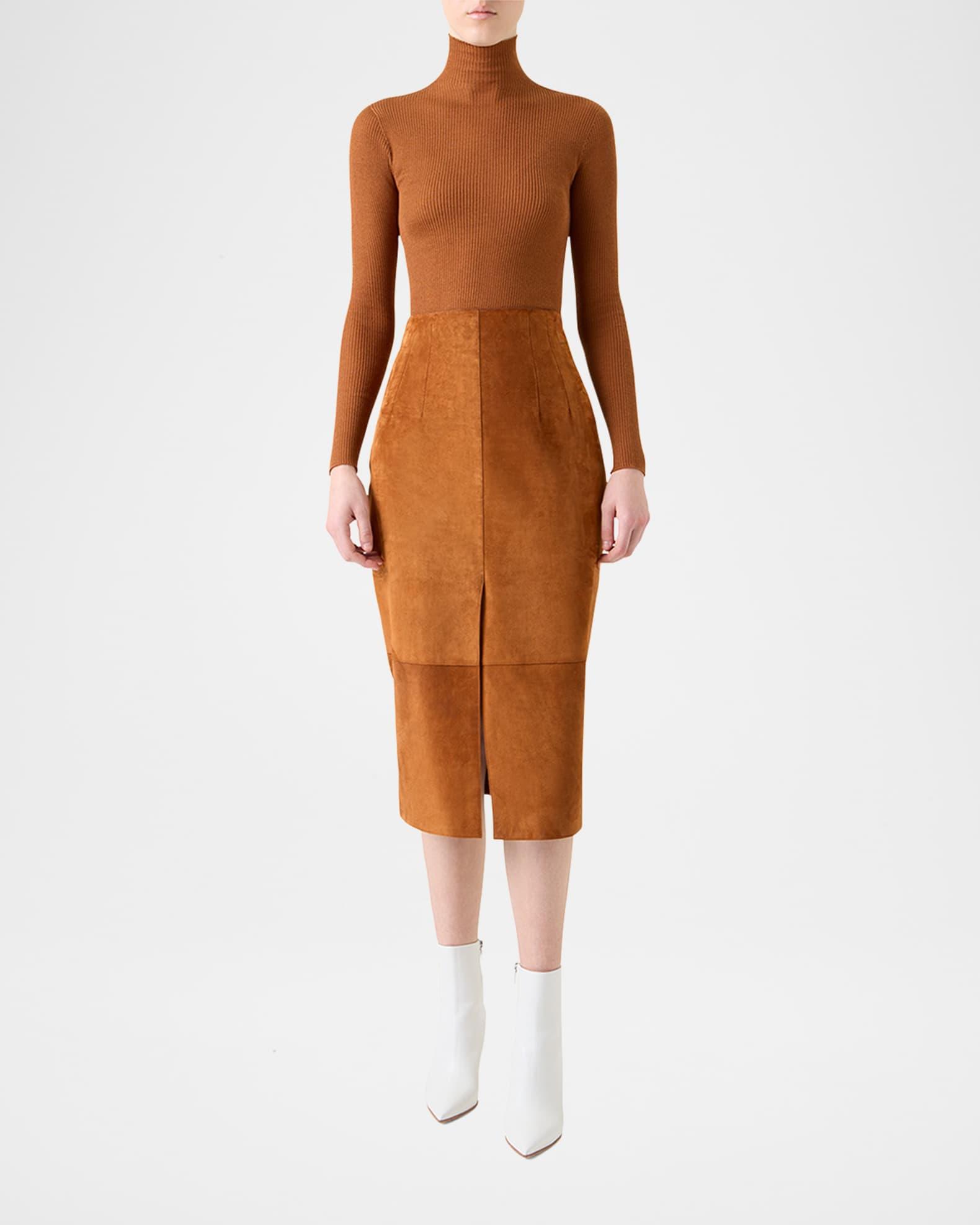 Lamb Suede Slit Midi Pencil Skirt Product Image