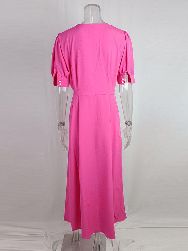 High Waisted Loose Buttoned Round-Neck Midi Dresses Product Image