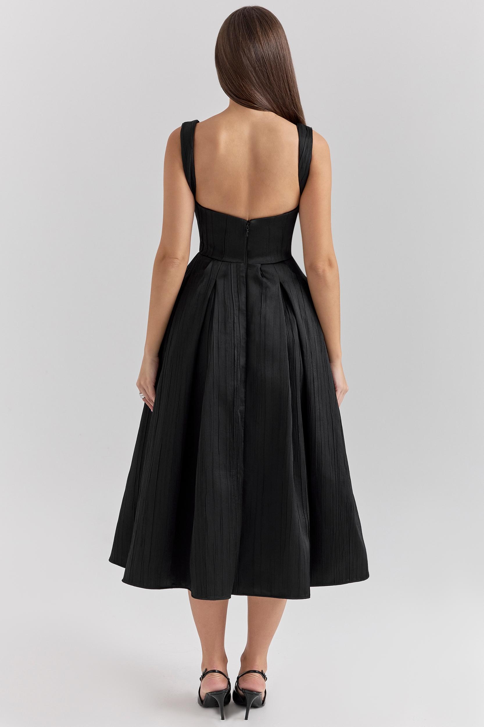 Isabeau  black textured satin corset midi dress Product Image