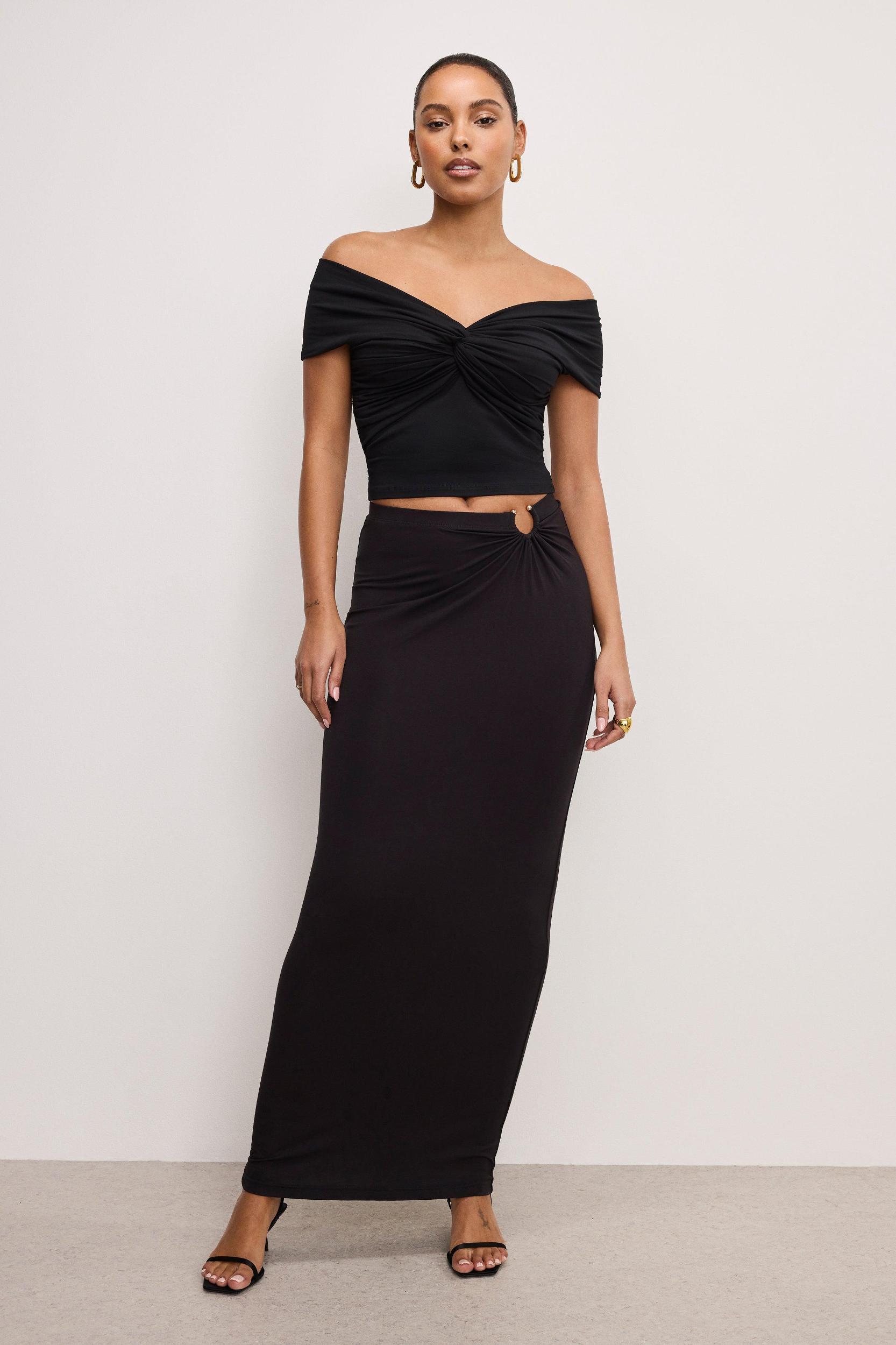 STRETCH  JERSEY TWIST OFF TOP | BLACK001 Product Image