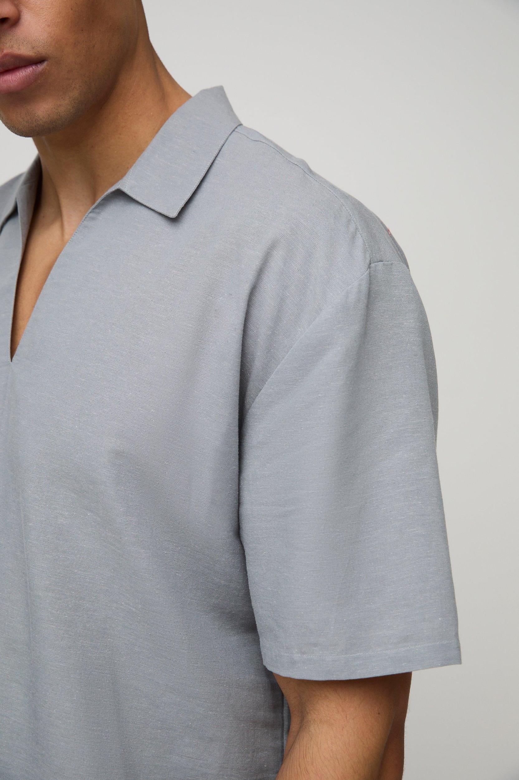 Oversized Overhead V-Neck Linen Blend Shirt & Short Set | boohooMAN USA Product Image