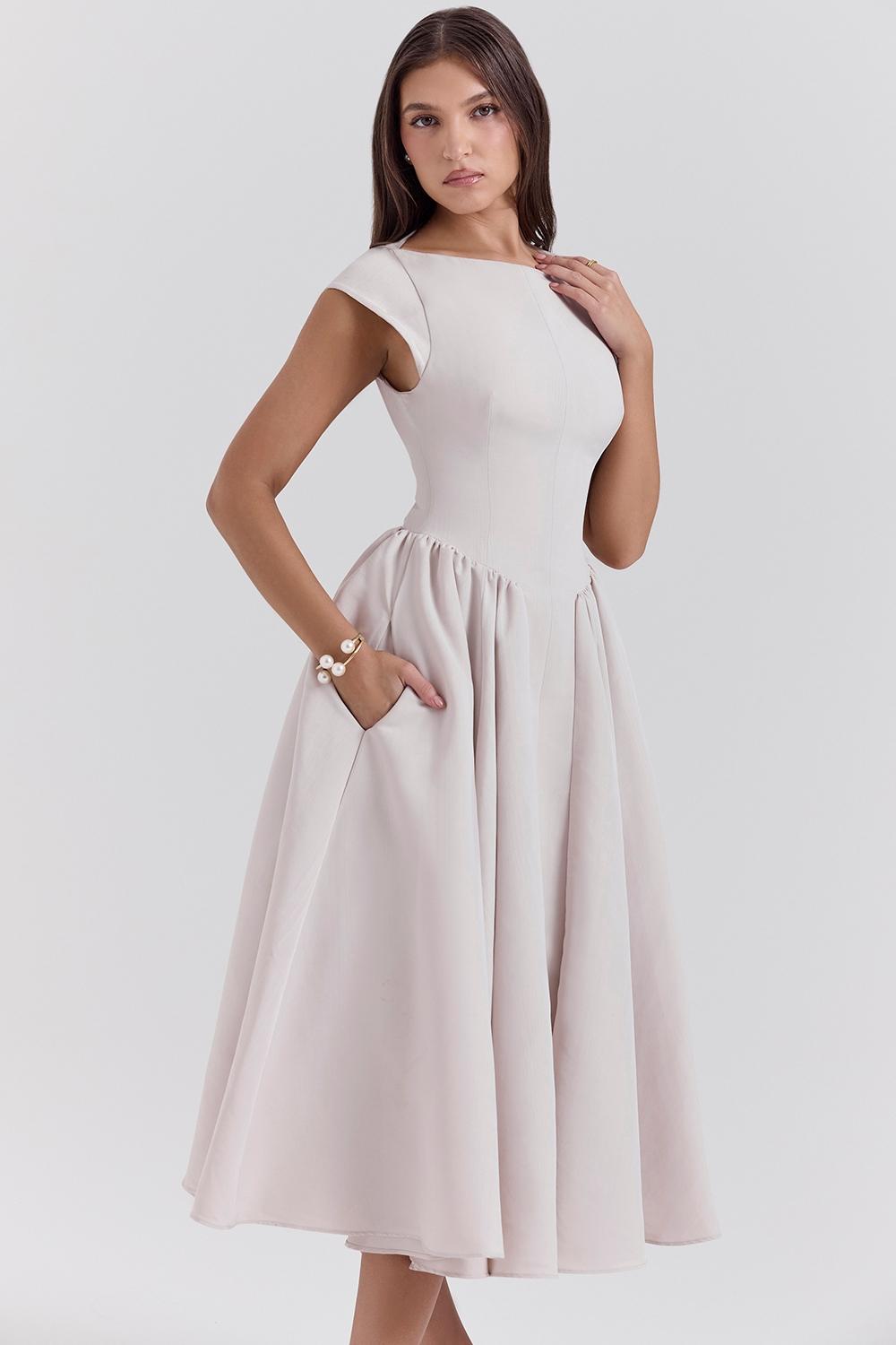 Debutante  french dove moire satin backless midi dress Product Image
