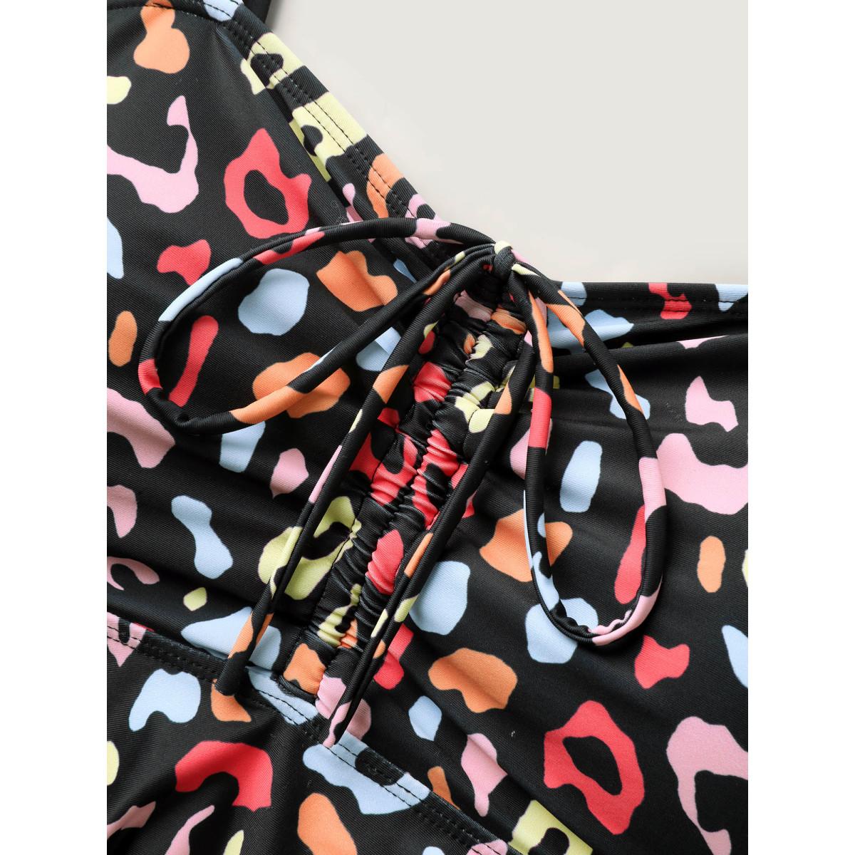 Plus Size Multicolor Leopard Print Drawstring Swim Top Women's Swimwear Black Resort Drawstring High stretch Bodycon Heart neckline Curve Swim Tops BloomChic 26/4X Product Image