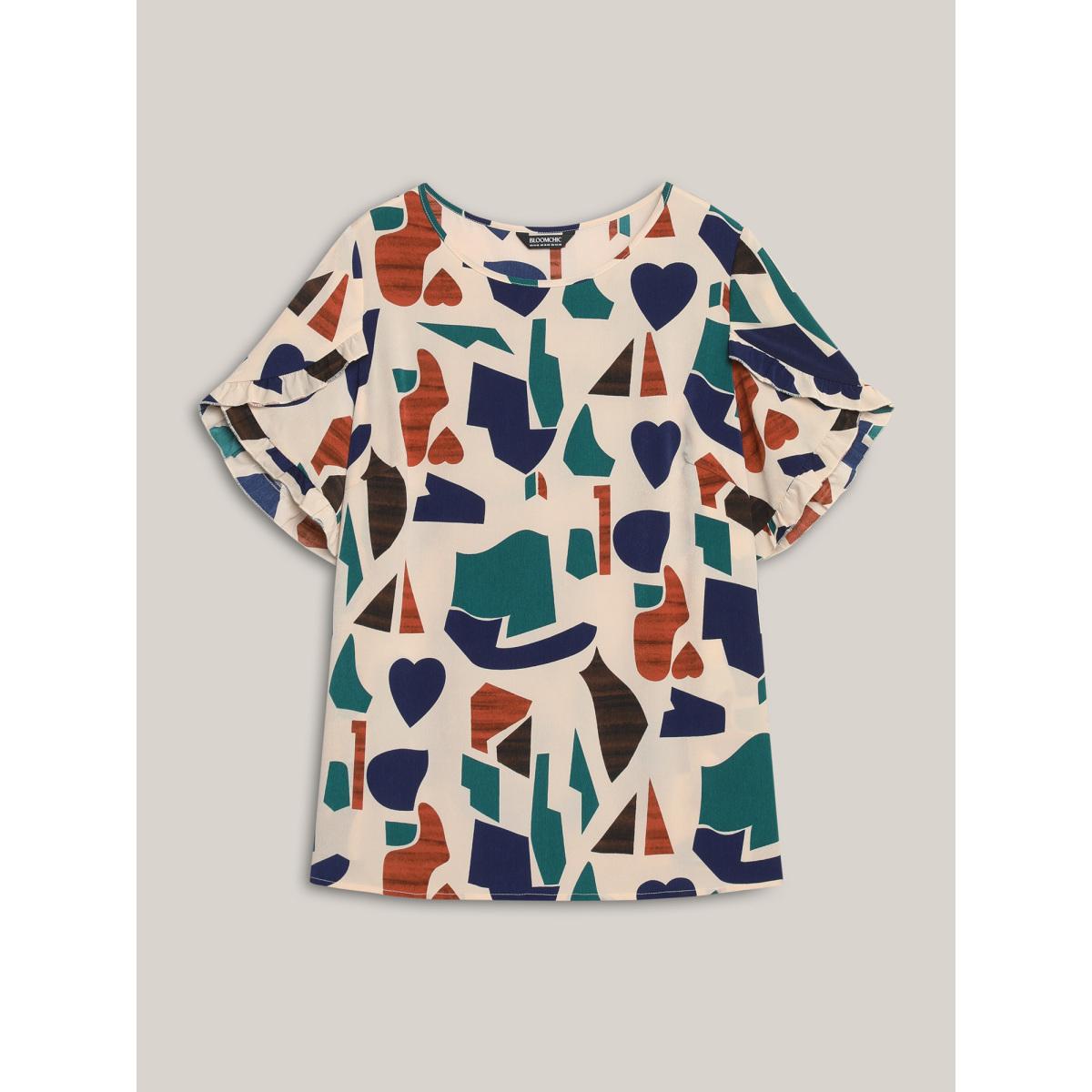 Plus Size Apricot Abstract Print Round Neck Half Sleeve Shirt Women Resort Short sleeve Round Neck Vacation Blouses BloomChic 28/5X Product Image