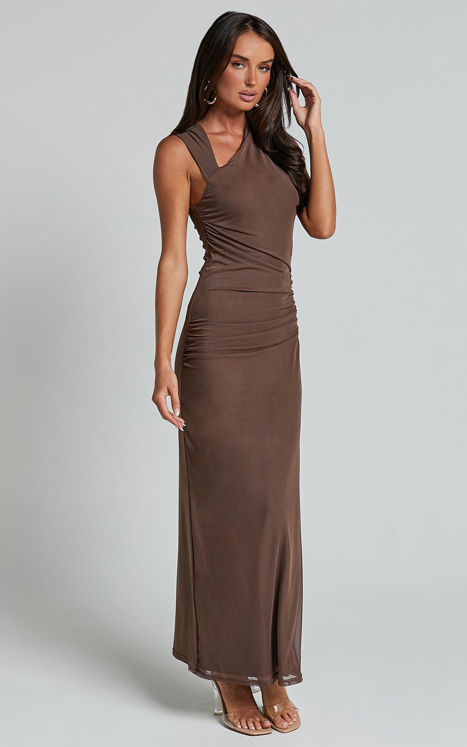 Lara Midi Dress - Asymmetrical Ruched Mesh Dress in Chocolate Product Image