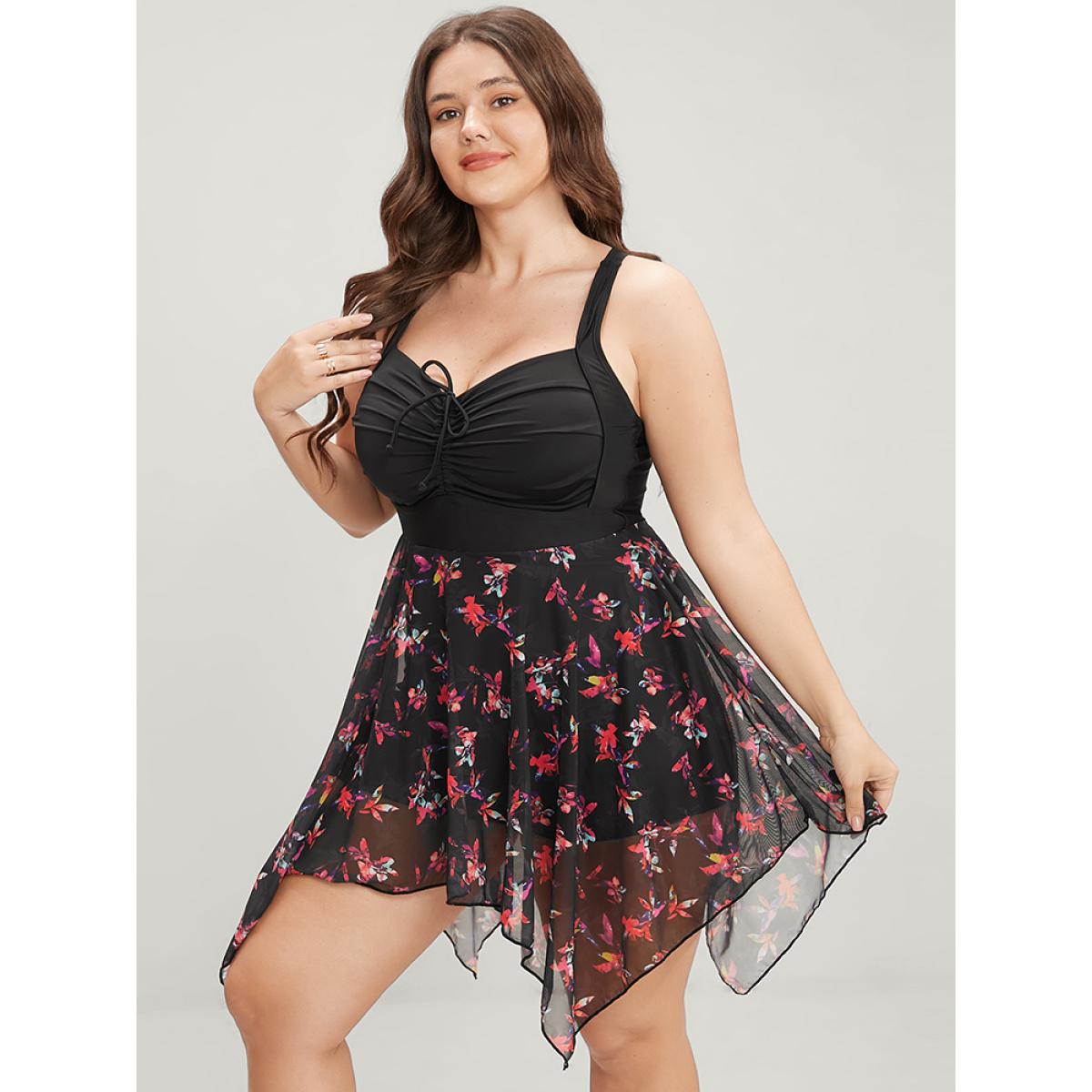 Mesh Adjustable Straps Plus Size Women Tropical Swim Dress Very Stretchy Bodycon Sleeveless V Neck Vacation Swim Dresses BloomChic Product Image