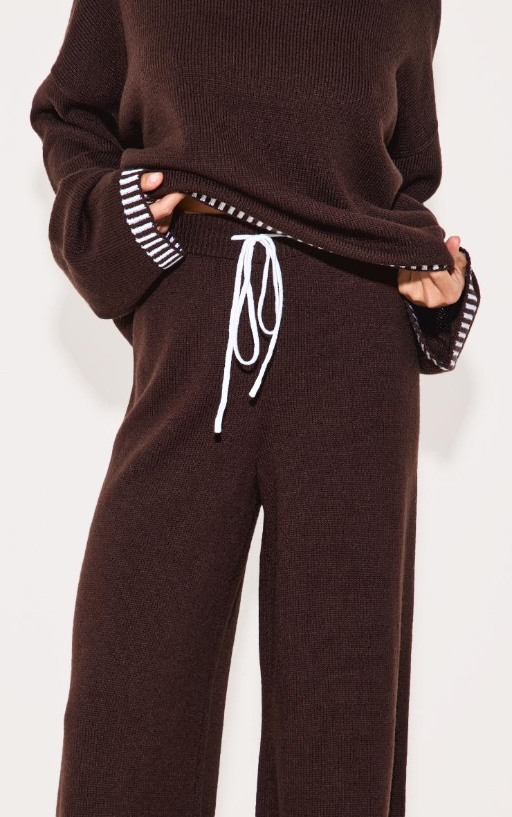 Chocolate Contrast Stitch Detail Knit Drawstring Waist Pants Product Image