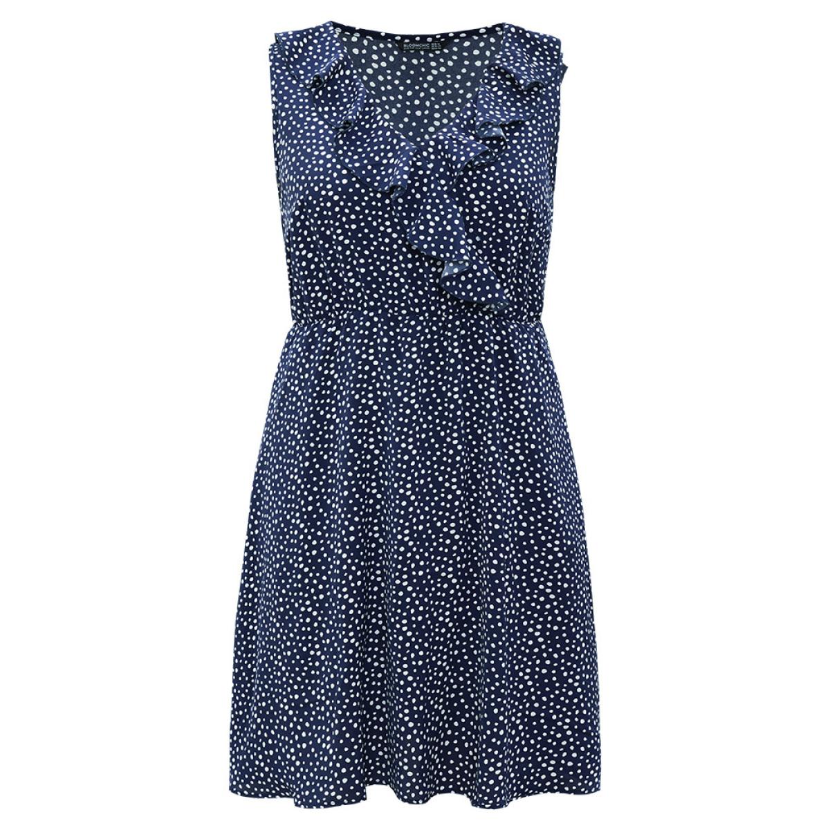 Plus Size Polka Dot Ruffle Trim V Neck Sleeveless Dress DarkBlue Women Elegant Pocket V-neck Sleeveless Curvy Knee Dress BloomChic 30/6X Product Image
