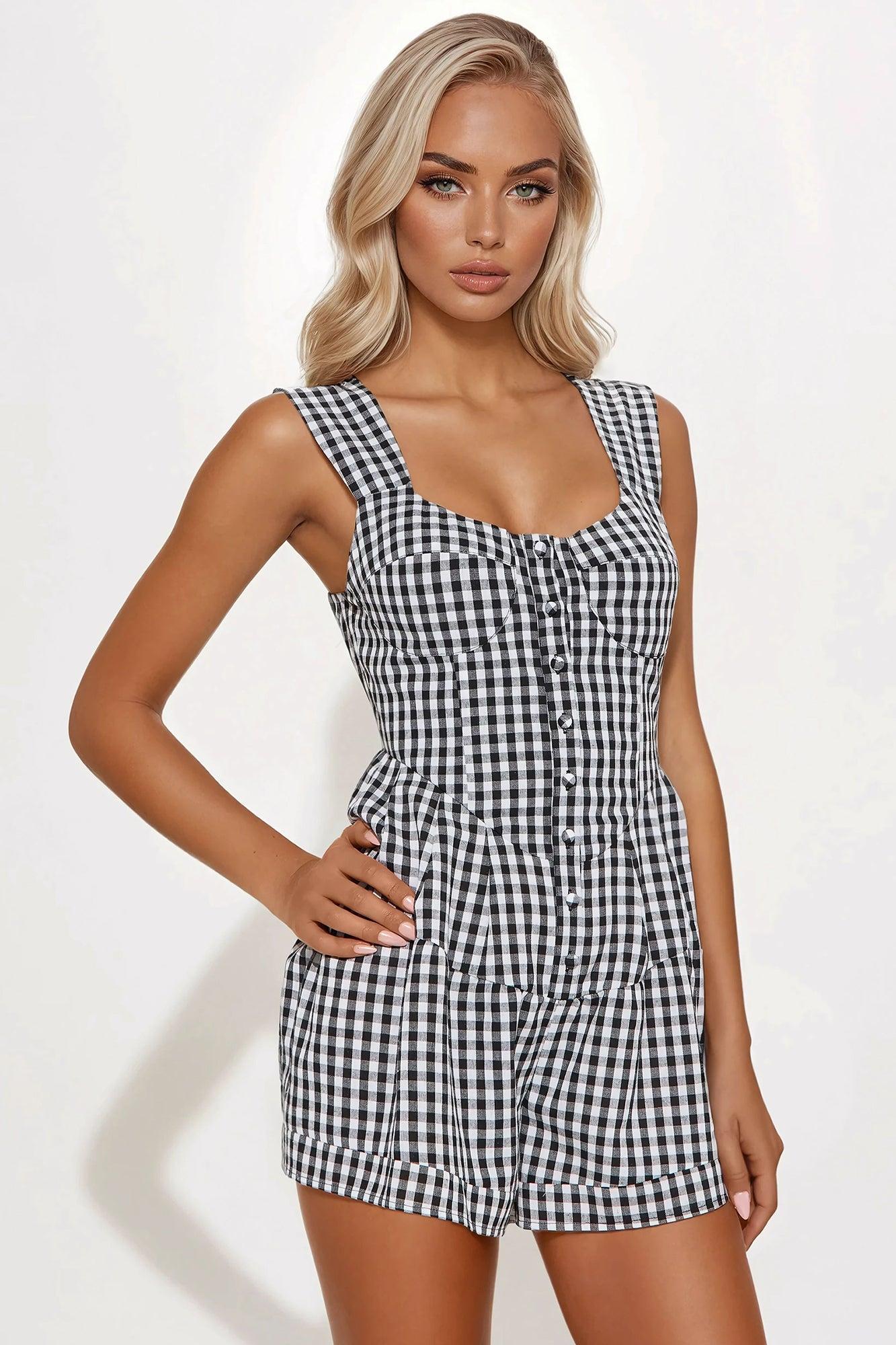 Nia Gingham Romper - Black/combo Product Image