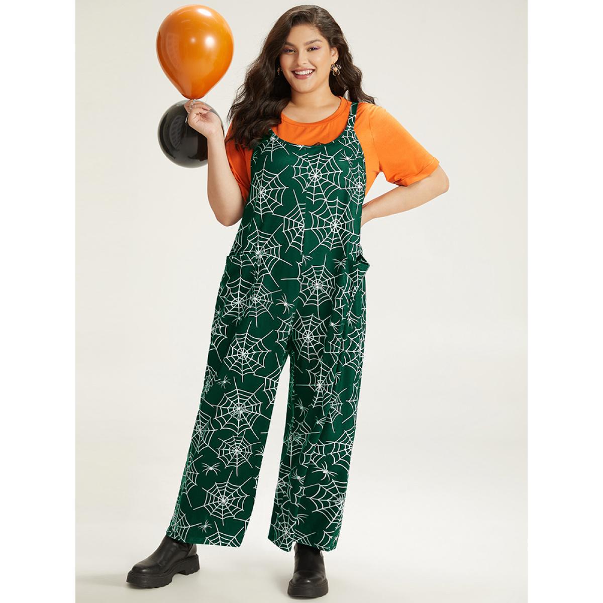 Plus Size DarkGreen Halloween Spider Web Print Pocket Overall Cami Jumpsuit Women Casual Sleeveless Spaghetti Strap Festival-Halloween Loose Jumpsuits BloomChic 22-24/3X Product Image