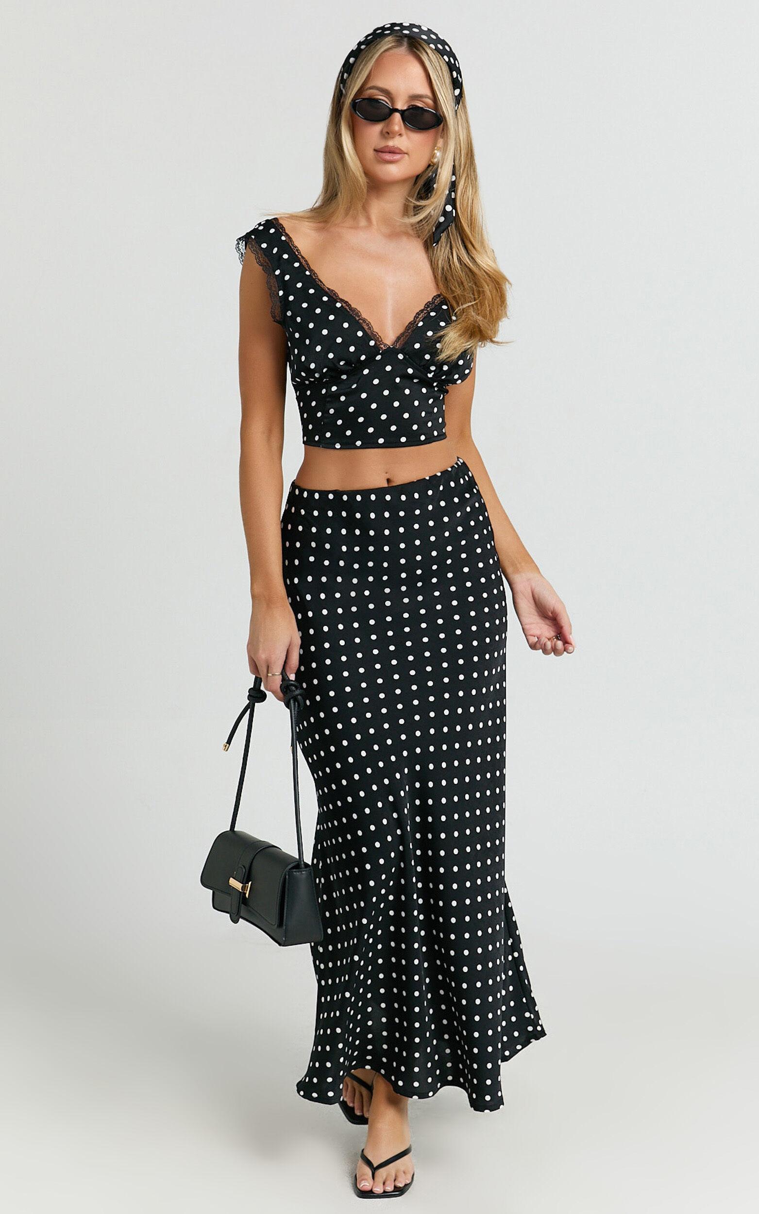 Amari Maxi Skirt - High Waisted Bias Cut Skirt in Black Polka Dot Product Image